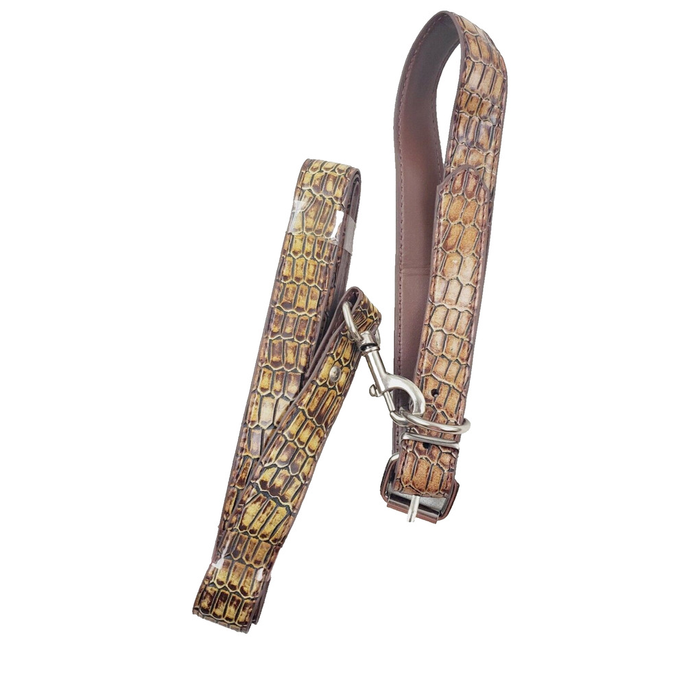 Dog Leash & Collar 2 PC Brown Animal Print 26 Inch Collar New Faux Leather Look